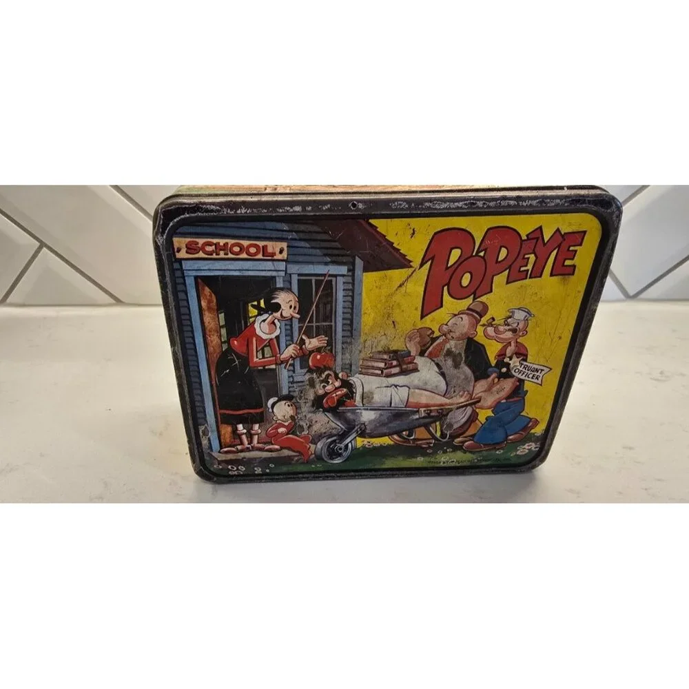 Vintage Popeye Metal Lunchbox By Thermos Co. With Colorful Cartoon Scenes Black - Picture 1 of 7